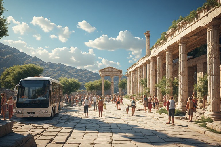 Ege'de antik kent ile sahil arasında turizm rotası, gün batımında yol