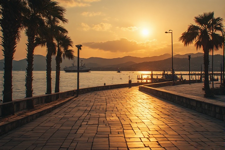 *İzmir Kordon'da gün batımı, sahil yürüyüş yolu ve vapur iskelesi*