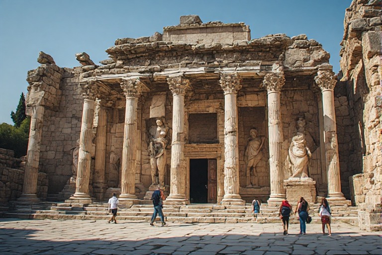 Efes Antik Kenti'nde Celsus Kütüphanesi cephesi ve ziyaretçiler